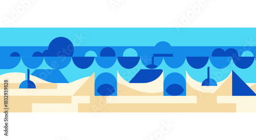 Abstract Beach Scene with Blue Geometric Shapes and Sunny Day.