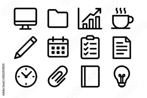 Office Icons Set. Professional Workflow linear icon set. computer, file folder, chart, coffee cup, pencil, calendar, checklist, document, clock, paperclip, notebook, light bulb