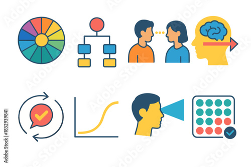 Colorful Behavior Icons. Human Behavior Analysis flat icon set: emotion wheel, decision tree, social interaction, memory process, feedback loop, response curve, attention focus