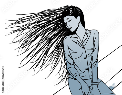 Minimalist Vector Design Depicting a Woman Seated Sideways in Loose Clothing with Subtle Botanical Accents Against a Stark Black Background