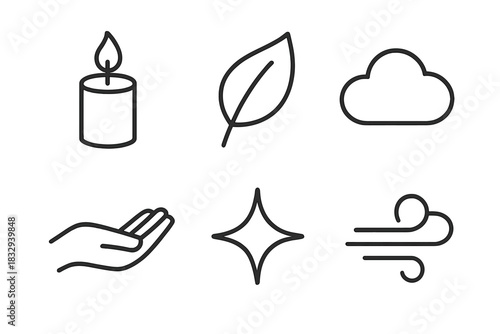 Mindful Icon Set. Mindful Care linear icon set: candle, leaf, cloud, open hand, sparkle, breath line