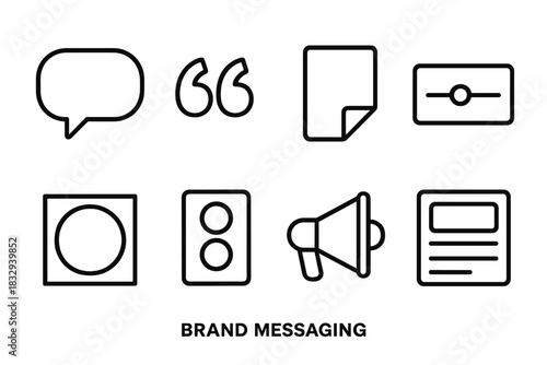 Iconic Communication Elements. Brand Messaging linear icon set. speech bubble, quote mark, tagline card, tone slider, logo concept, color palette, megaphone, content template