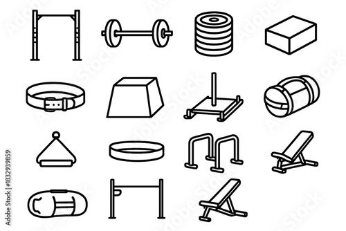 Strength Training Equipment. Strength & Conditioning Set linear icon set: power rack, barbell, plates stack, chalk block, lifting belt, plyo box, sled, sandbag, cable handle, mini