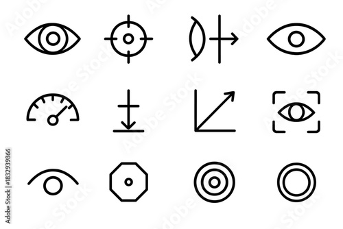 Optical Icon Array. Optical Insight Pack linear icon set: iris shape, focal point, lens curve, visual path, sharpness gauge, depth marker, light entry line, viewpoint frame, seeing