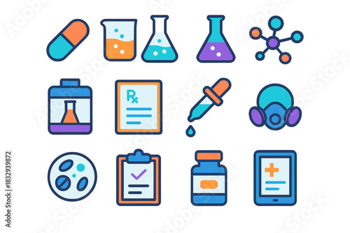 Modern Pharmaceutical Icons. Pharmaceutical Research flat icon set: pill capsule, beaker, chemical flask, molecular model, fume hood, prescription sheet, liquid dropper, safety