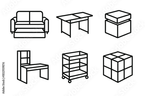 Versatile Furniture Icons. Multi-Functional Furniture linear icon set. sofa bed, extendable table, storage ottoman, desk shelf combo, movable cart, modular cube