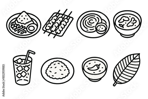 Malaysian Food Icons. Malaysian street food concept linear icon set: nasi lemak, satay, roti canai, curry bowl, iced tea, rice plate, chili paste, banana leaf