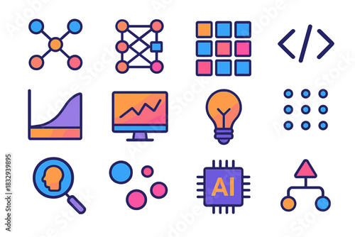 Isometric Tech Icon Set. Machine Learning & Discovery flat icon set: data nodes, predictive model, training dataset, code brackets, gradient curve, computer monitor, idea bulb