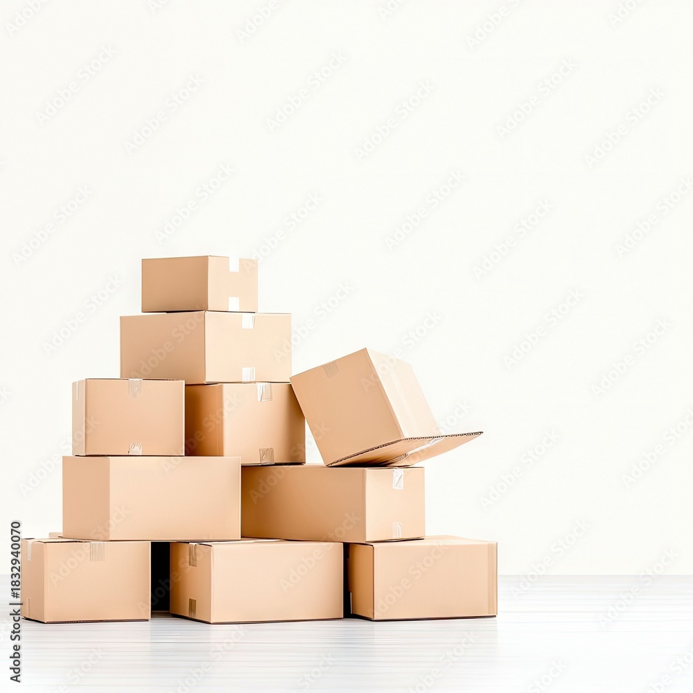 Obraz premium A stack of cardboard boxes arranged in a pyramid shape against a plain white background. The boxes are various sizes and shapes, with one open. The scene is bri