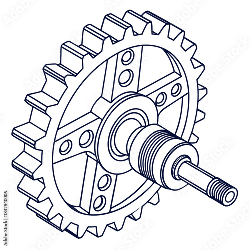Detailed isometric line drawing of a mechanical sprocket with a threaded shaft and bearing assembly showcasing precision engineering and industrial components in a clean isolated illustration