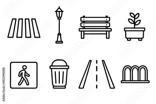 Urban Walkway Icons. Urban Walkways linear icon set: crosswalk, street lamp, bench, planter, pedestrian sign, trash bin, pathway lines, bicycle rack