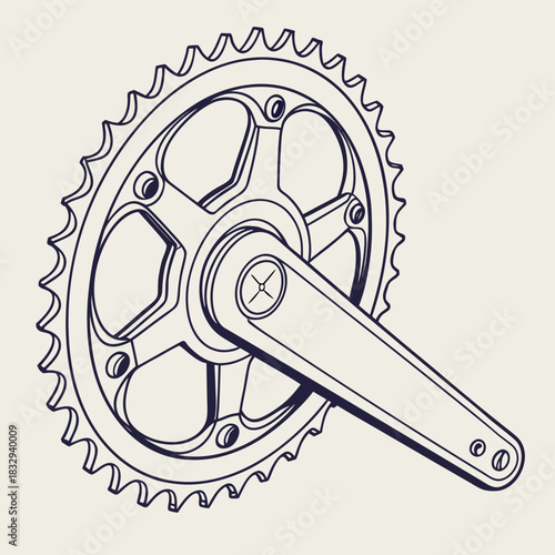 A detailed vector illustration of a bicycle crankset with a single chainring and crank arm presented in a clean outline style against a neutral background