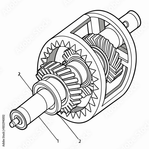 Detailed isometric line drawing illustration of a differential gear mechanism showing internal components and shafts with numbered callouts for technical explanation and engineering diagrams