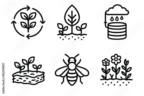 Eco Farming Icons. Eco Farming Systems Set linear icon set: crop rotation wheel, cover crop leaf, mulching layer, rainwater tank, pollinator symbol, biodiversity patch