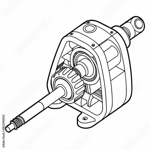Detailed engineering illustration of a mechanical gearbox with visible gears and shafts presented in a clean line art style on a white background for technical documentation and design
