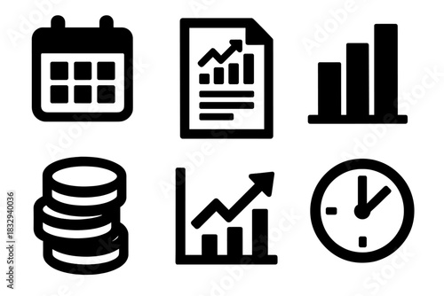 Financial Icons Set. Long-term liabilities silhouette icon set: calendar, document chart, bar graph, coins, chart line, clock