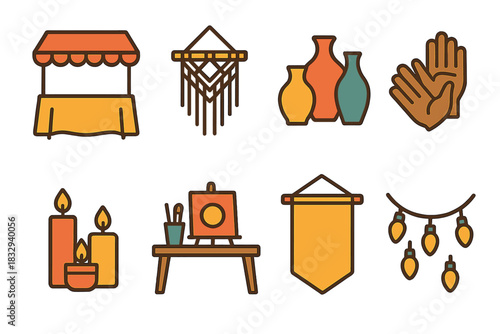 Artisan Market Icons. Artisan Market flat icon set: craft booth, macrame wall hanging, ceramic vases, wooden crafts, handmade candles, artist table, fabric banner, decorative