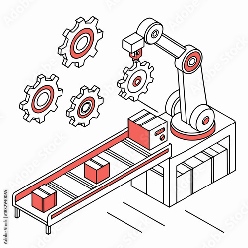 Automated industrial robotic arm assembling gears on a conveyor belt with boxes in a modern factory setting