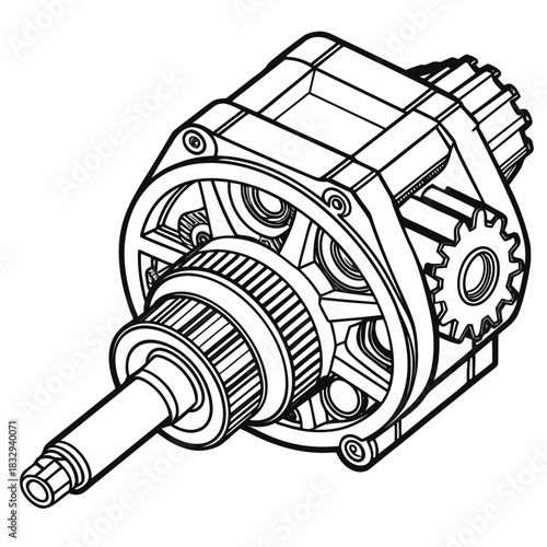 Detailed isometric line drawing illustration of a complex mechanical gear pump assembly with rotating gears and shaft on a white background
