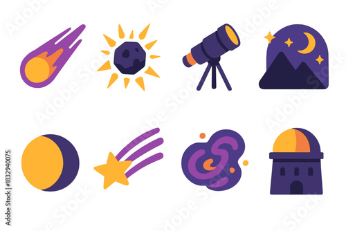 Cosmic Iconography. Cosmic Phenomenon flat icon set: flying comet, meteor burst, telescope view, night mountain, moon phase, shooting star trail, galaxy cloud, observatory tower