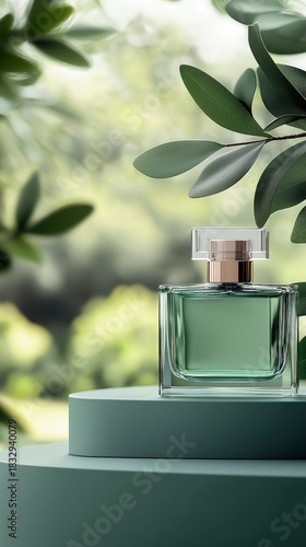 A perfume bottle is displayed on a pedestal with green leaves in the background, creating a natural and elegant composition.