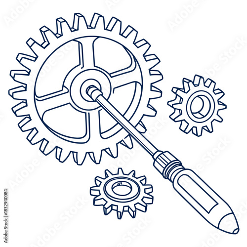 Detailed isometric line art illustration of a screwdriver tool connecting to a large central gear with two smaller gears nearby on a white background symbolizing mechanical engineering and precision
