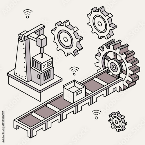 Isometric illustration of an automated manufacturing production line with robotic arm conveyor belt gears and wireless signals representing smart factory concepts