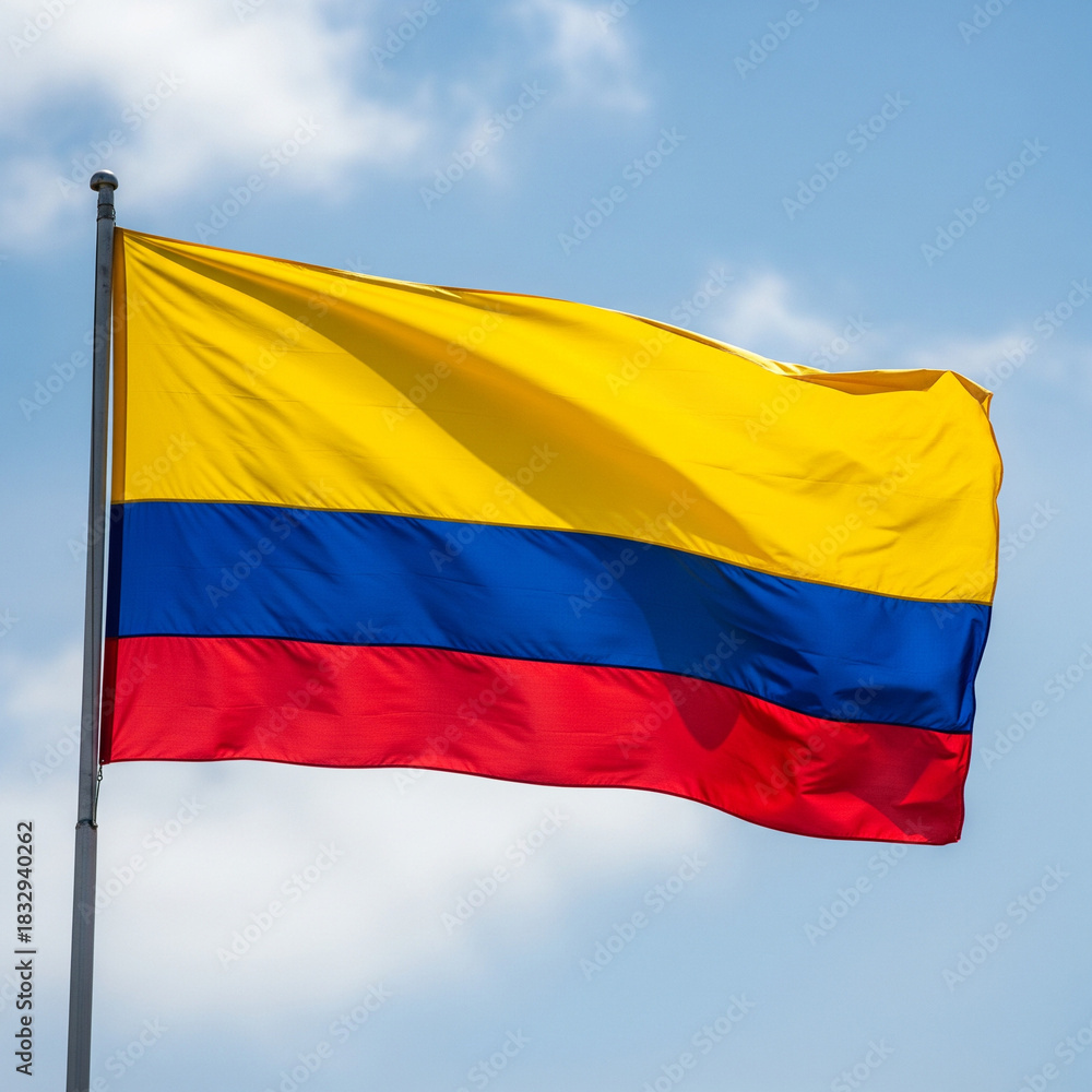 Naklejka premium The national flag of Colombia waving in the wind against a blue sky with clouds.