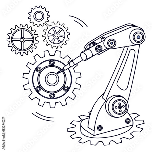 Industrial robotic arm precisely assembling intricate gears in a clean modern factory setting symbolizing automation and precision engineering