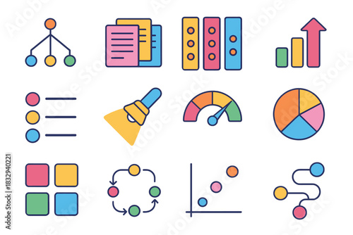 Modern Analytical Icons. Analytical Choice Methods flat icon set: decision tree, scenario cards, scoring columns, ranking arrow, criteria markers, clarity beam, evaluation dial