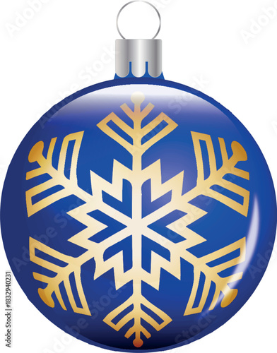 Vibrant Blue Glass Christmas Ball Ornament with Elegant Golden Snowflake Pattern Isolated on a White Background for Holiday Decor and Festive Design