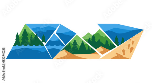 Abstract geometric landscape with mountains and sea.