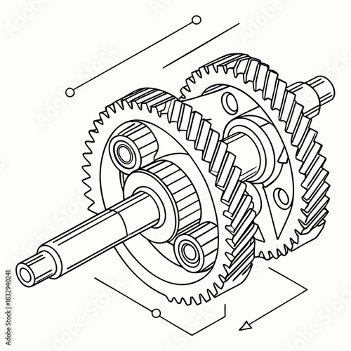 Detailed isometric line drawing illustration of a complex mechanical gear assembly with multiple interlocking gears and bearings showcasing engineering precision and technical design