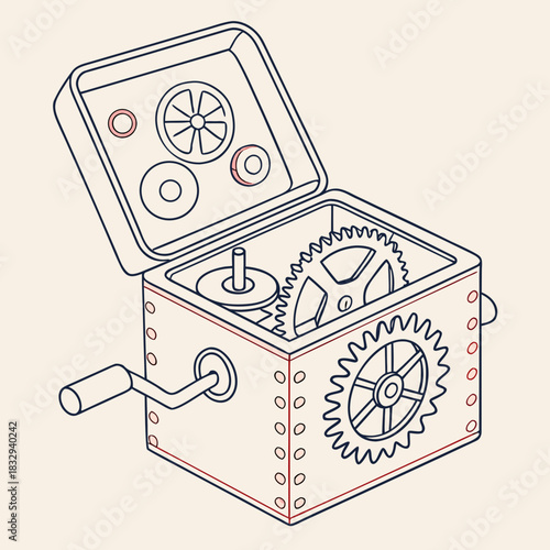 An isometric line drawing illustration of an open mechanical box with gears and a crank showcasing intricate internal workings and a simple design