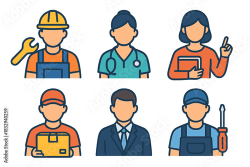 Modern Professions Icons. Labor Day Professions Set flat icon set: construction figure, healthcare figure, teacher figure, delivery figure, office worker, technician icon