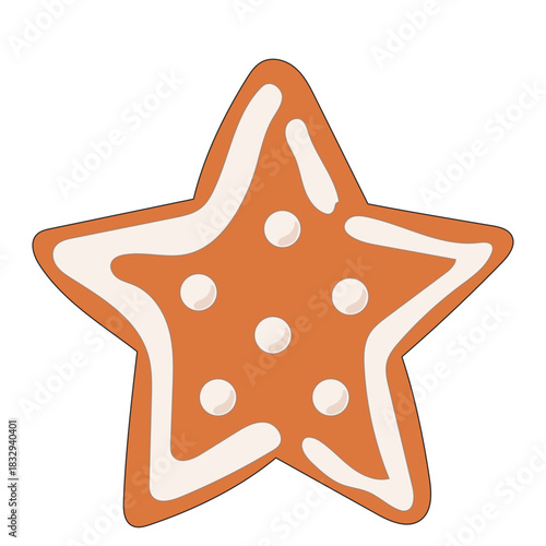 Christmas Gingerbread Cookie Icon. Star Sweet  Icing Baked Holiday Symbol. Happy New Year Family Party Snack. Greeting Card Design Element. Vintage Gift Biscuit Art