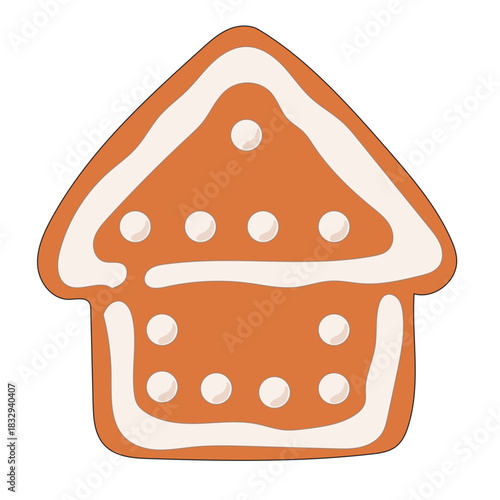 Christmas Gingerbread Cookie Icon. Santa House Sweet  Icing Baked Holiday Symbol. Happy New Year Family Party Snack. Greeting Card Design Element. Vintage Gift Biscuit Art