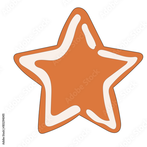 Christmas Gingerbread Cookie Icon. Star Sweet  Icing Baked Holiday Symbol. Happy New Year Family Party Snack. Greeting Card Design Element. Vintage Gift Biscuit Art