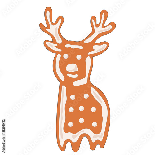 Christmas Gingerbread Cookie Icon. Santa Cute Funny Deer  Sweet  Icing Baked Holiday Symbol. Happy New Year Family Party Snack. Greeting Card Design Element. Vintage Gift Biscuit Art
