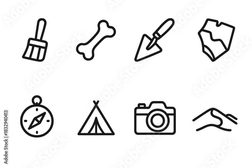 Archaeology Icon Set. Archaeological Sites linear icon set. excavation brush, bone fossil, dig trowel, pottery shard, compass, tent, camera, sand dune