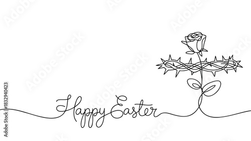 Elegant single line drawing of a rose emerging from a crown of thorns with happy easter text