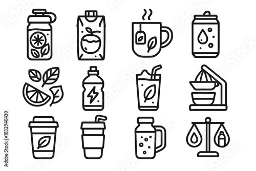 Hydration Icons Collection. Healthy Hydration Choices linear icon set: infused water bottle, coconut water carton, herbal tea mug, sparkling water can, fruit slices, mint leaves
