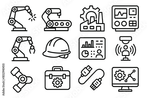 Factory Robotics Icons. Industrial Robotics linear icon set: welding arm, conveyor belt, factory gear, control panel, robotic gripper, safety helmet, data display, motion sensor
