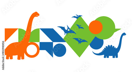 Colorful Dinosaur Silhouettes with Abstract Geometric Shapes.