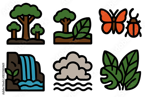 Bold Rainforest Icons. Rainforest Ecosystem silhouette icon set. canopy layer, rainforest floor, insects, waterfall, mist, lush foliage.