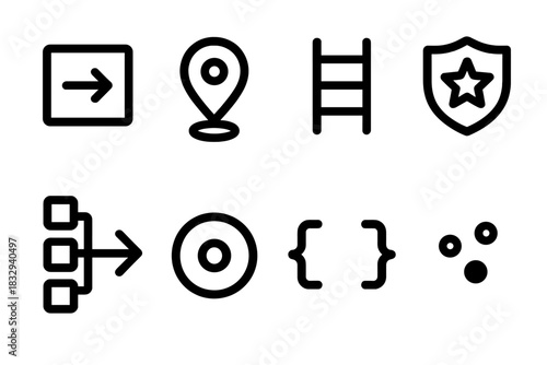 Efficiency Icon Set. Task-Driven Efficiency Icons linear icon set: action tile, spotlight marker, progress ladder, priority badge, task flow arrow, focus orb, workflow bracket
