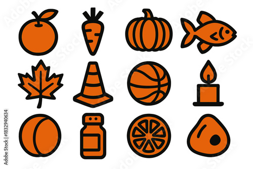 Orange Icons Collection. Orange Objects Set silhouette icon set: orange fruit, carrot, pumpkin, goldfish, autumn leaf, traffic cone, basketball, candle flame, apricot, spice jar
