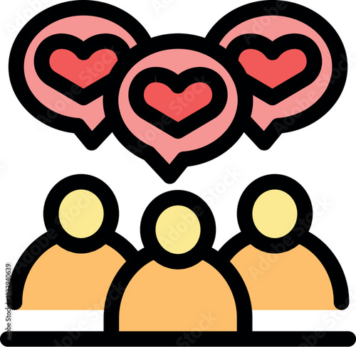 Three abstract people sharing love and positive emotions through speech bubbles, expressing affection and connection