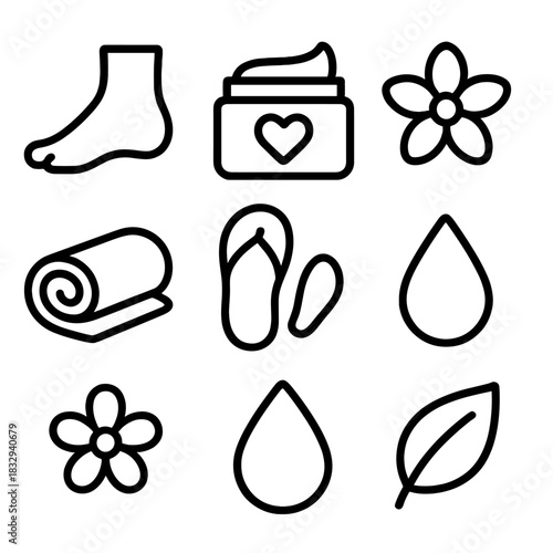 Wellness Icons Collage. Wellness and comfort concept linear icon set: foot outline, heart, cream jar, flower, towel, sandal, droplet, leaf