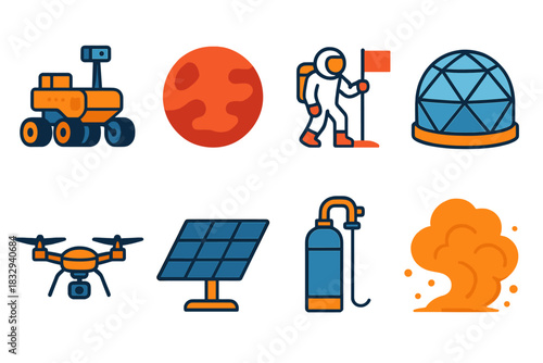 Mars Expedition Icons. Mars Expedition flat icons set. Mars rover, red planet, astronaut planting flag, habitat dome, research drone, solar panel, oxygen tank, dust storm